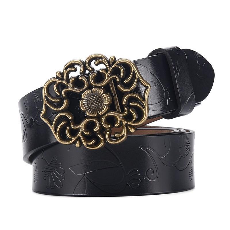 

Artistic Belt For Ladies With Embossed Floral Design And Copper Closure For Stylish Look 95cm чёрный