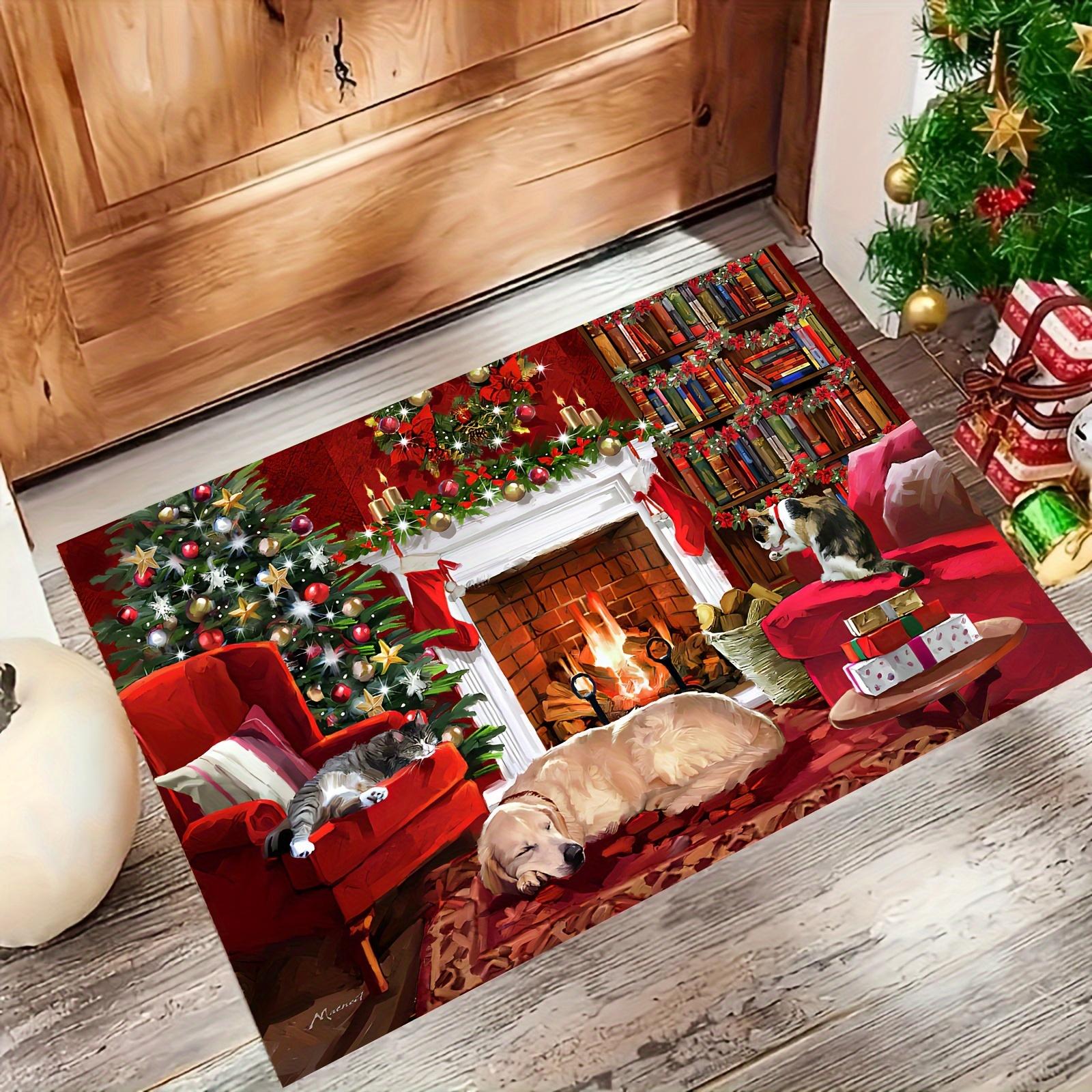 Cozy Christmas Scene with Pets Door Mat, Rug for Home Decor, Ideal for Living Room, Bedroom, Kitchen Use, Durable and Stylish 50x80cm