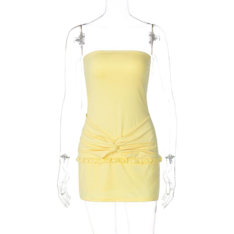 

Shemoda Fashion Wind Sexy Sexy Tube Top Dress Female High Waist Silm Ruched Pure Color One Step Short Skirt Light yellow L