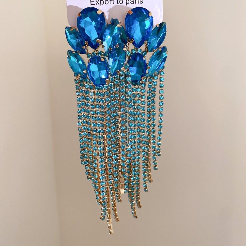 Oval Stone Rhinestone Tassel Earrings Exaggerated Chain Earrings Ear Accessory  Dressy Outfits