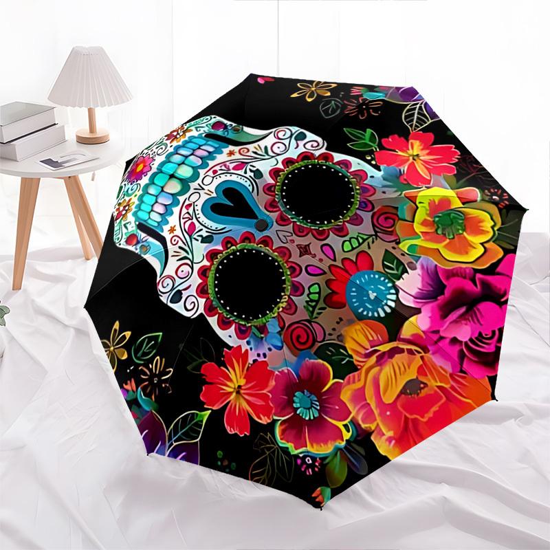 Sugar Skull, Day of the Dead Themed Automatic Opening and Closing Umbrella, Brightly Colored 8-rib Portable Umbrella, Suitable for Men and W