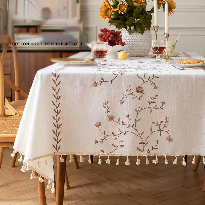 Floral Fresh Simple Embroidery Imitation Cotton Linen Dining Household Wear-resistant Waterproof Tablecloth