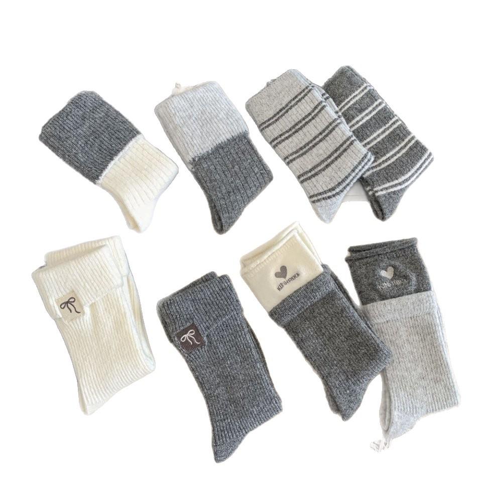 Korean Wool Socks Love Embroidered Socks Double Screw Bow Striped Thickened Fleece Warm Gray Stacking Socks