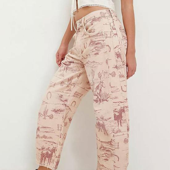 Barrel Jeans for Women Floral Print Boyfriend Baggy Jeans Casual Mid