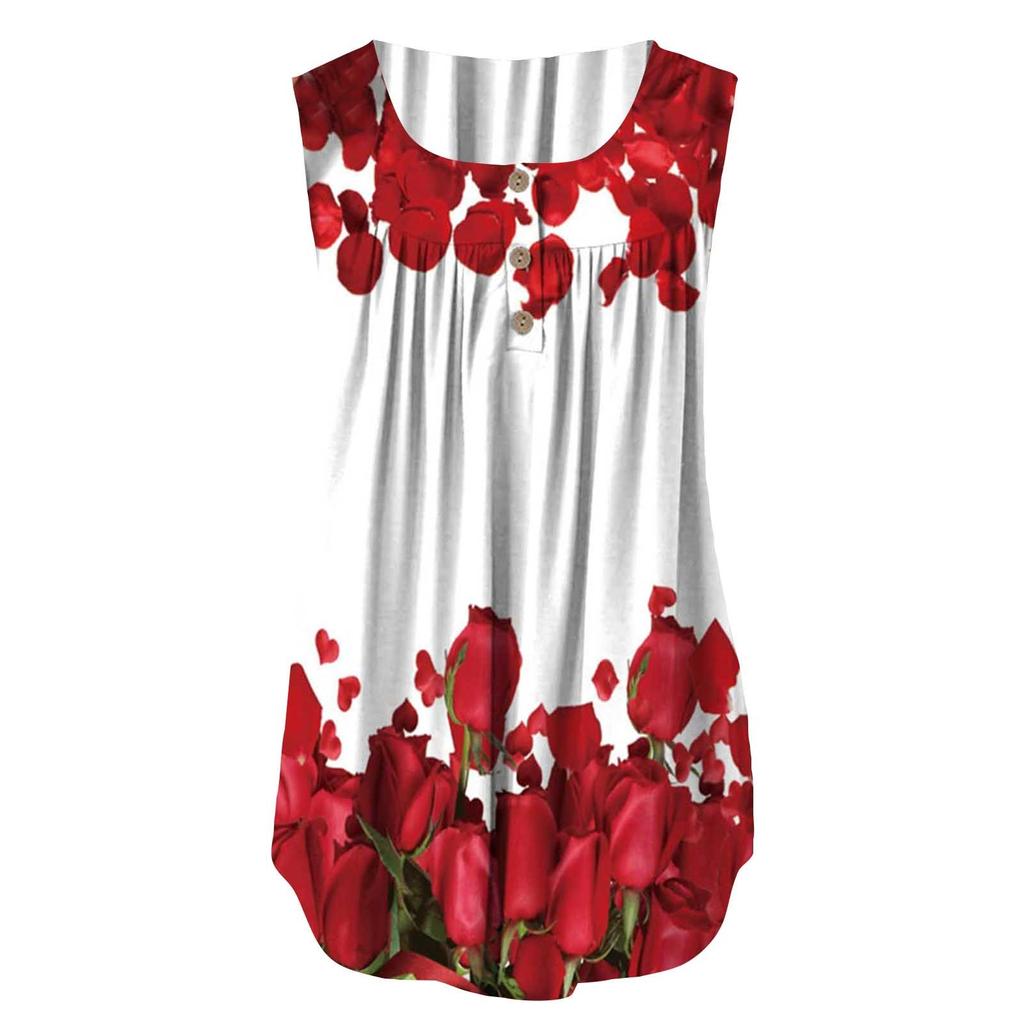Women's Fashion Printed Pleated Sleeveless Casual T-shirt Vest Button Top