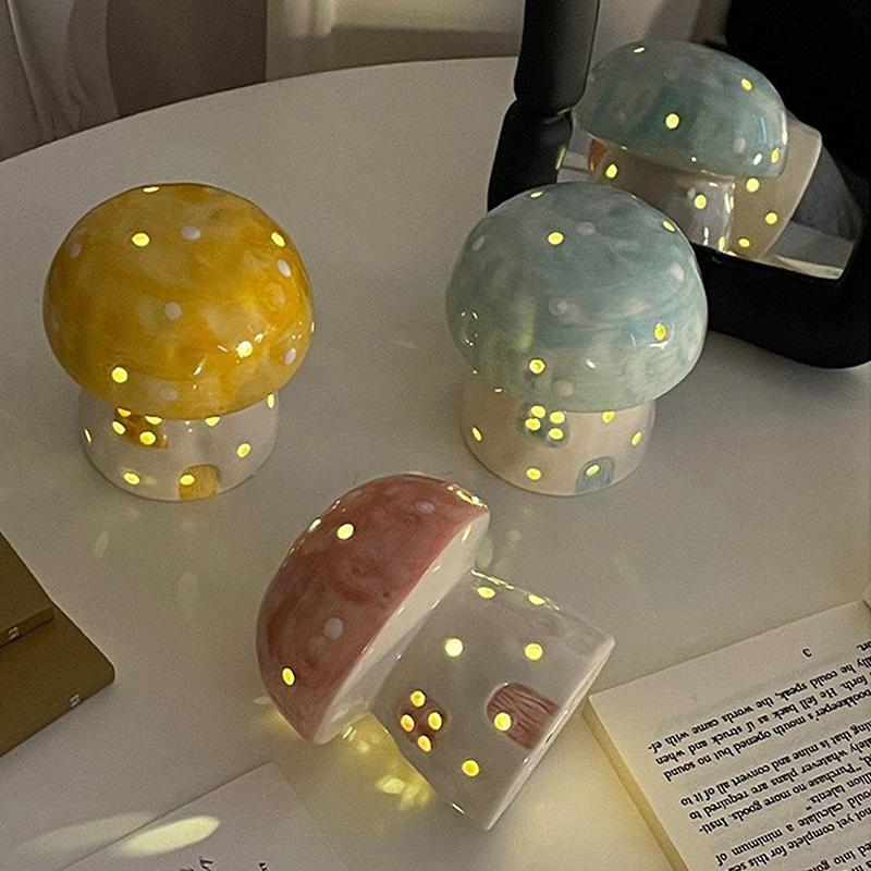 Lâmpada de Noite Criativa Pequena de Cogumelo Luz de Cabeceira Decoração de Casa Cerâmica Fofa Lâmpada de Noite de Cogumelo Presente de Aniversário