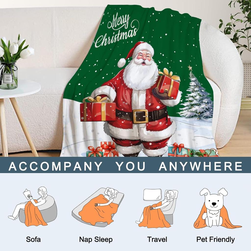 Decorative Large Throw Blanket Green Santa Claus Blanket Xmas Holiday Blanket for Couch Sofa Bed Soft Cozy Lightweight Fuzzy
