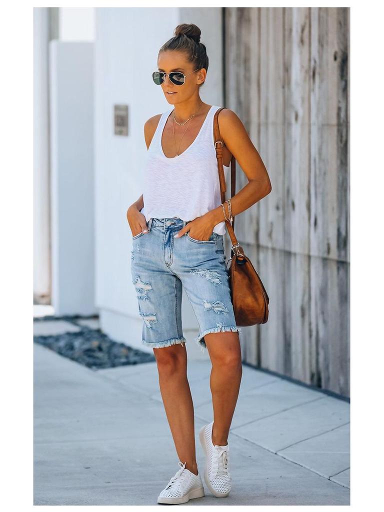 European Summer Tassel Ripped Skinny Cropped Jeans - Women's Mid-Waist Fashion