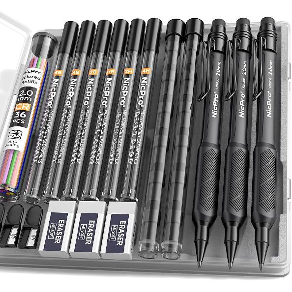 Nicpro HD1000 0.5 mm Art Mechanical Pencil Set in Case, 3 PCS Weatherproof Mechanical Pencils with 6 Tube HB Refills, Eraser, Weatherproof Barrel for