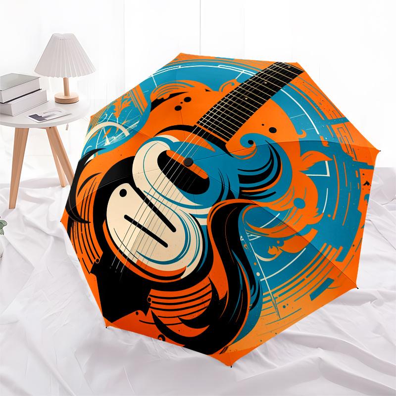 Abstract Guitar Art Print: Vibrant Orange & Blue DesignUmbrella, Portable 3-Fold Compact Umbrella for Men & Women Gift