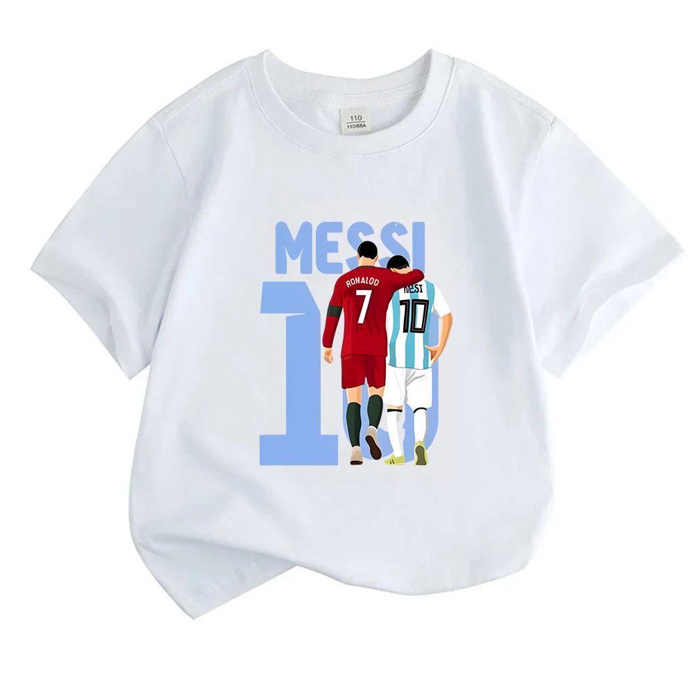 Kids Boys Girls Crew Neck Short Sleeve 100% Cotton T-Shirt, Football Superstar Pattern Casual Soft Comfortable Tee for Daily Sports Outdoor Wear