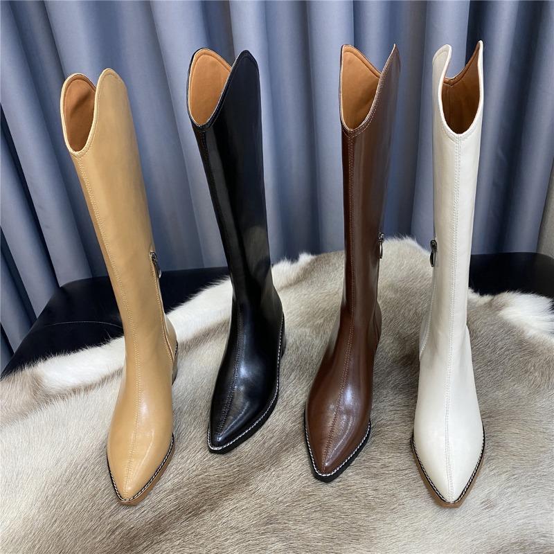 Cowhide version~ leather V-mouth western cowboy boots women's high heel pointed knight boots long boots high boots zipper long boots
