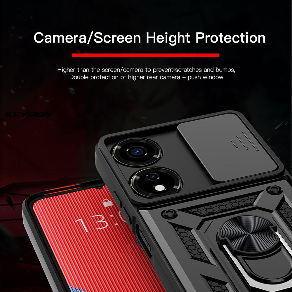 KEYSION Shockproof Armor Case for Itel P55 5G Silicone+PC Slide Camera Lens Protection Ring Stand Phone Cover for Itel P55 5G