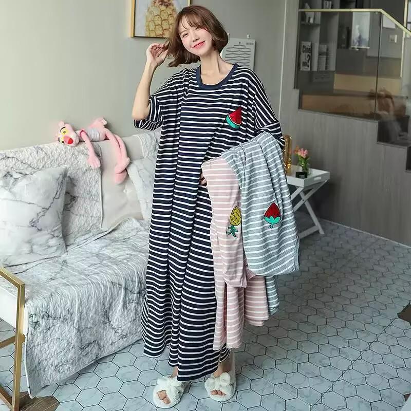 Korean Style Striped Summer Nightgown: Cute, Loose, Mid-Length Short-Sleeve 2025 Pajamas for Women