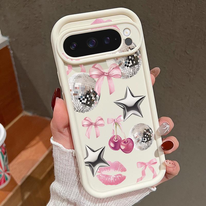 For Google Pixel 10 Pro XL Case Cherry Bowknots Lips Disco Ball Pattern Shockproof Bumper Silicone Cover For Pixel 9A 9 8 7 Pro 8A 7A