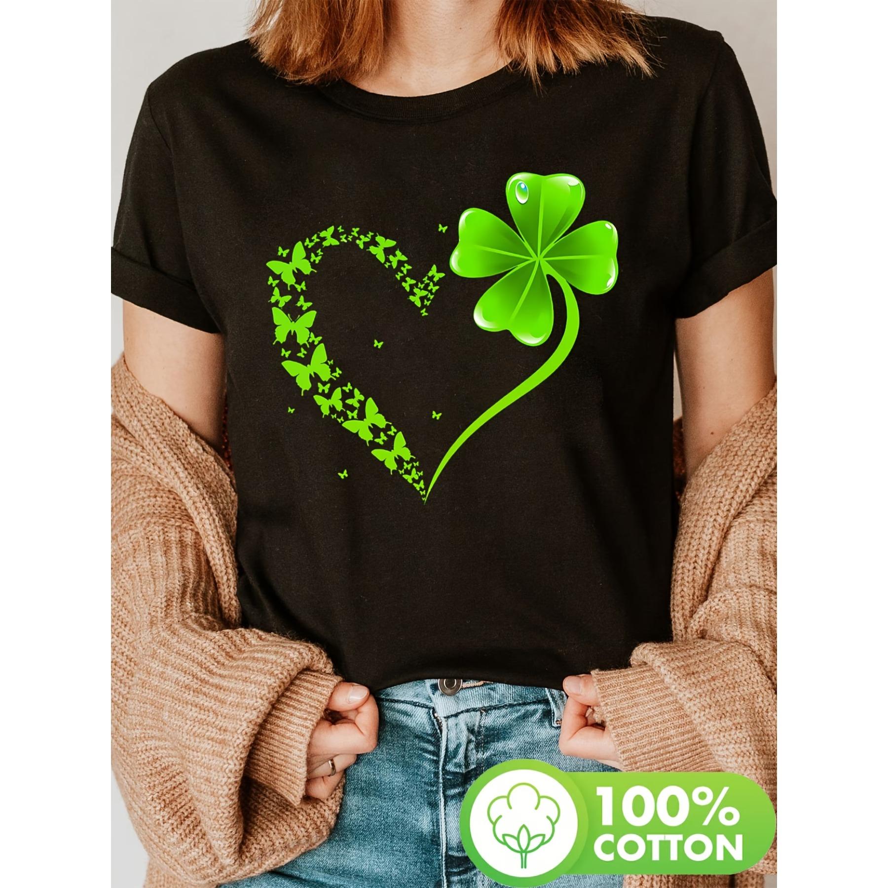 

Women Black Short Sleeve Crew Neck T-Shirt - Green Butterfly Heart & Four-Leaf Clover Print, Semi-Sheer Casual Top for Summer & Spring S чёрный