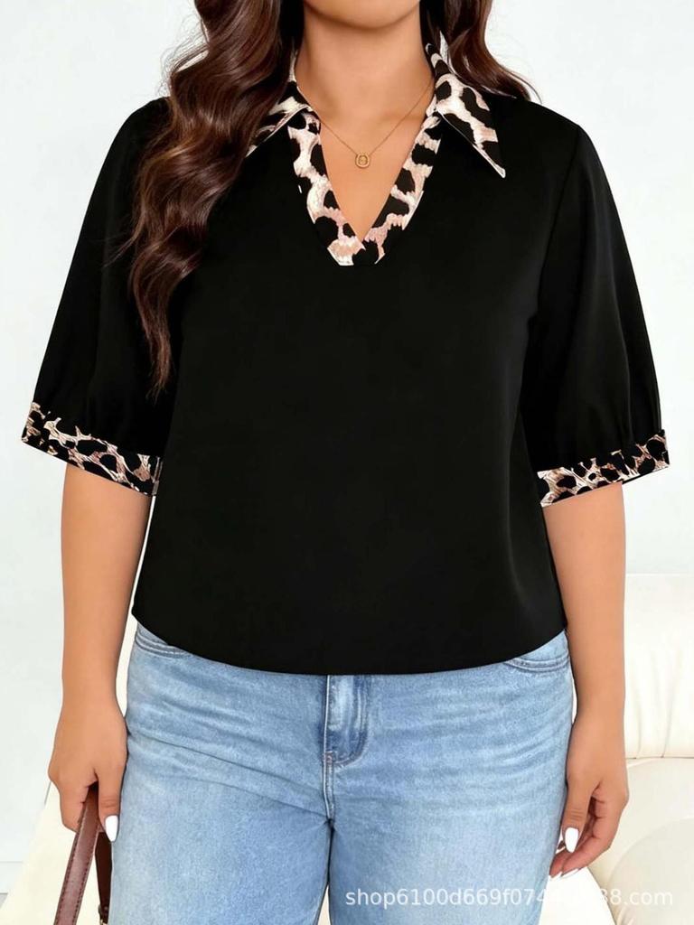 Damen Plus Size Patchwork-T-Shirt mit Leopardenmuster - Frühling/Sommer Kurzarm