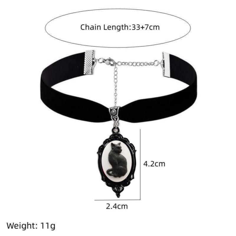 Gothic Black Cat Cameo Pendant Velvet Necklace