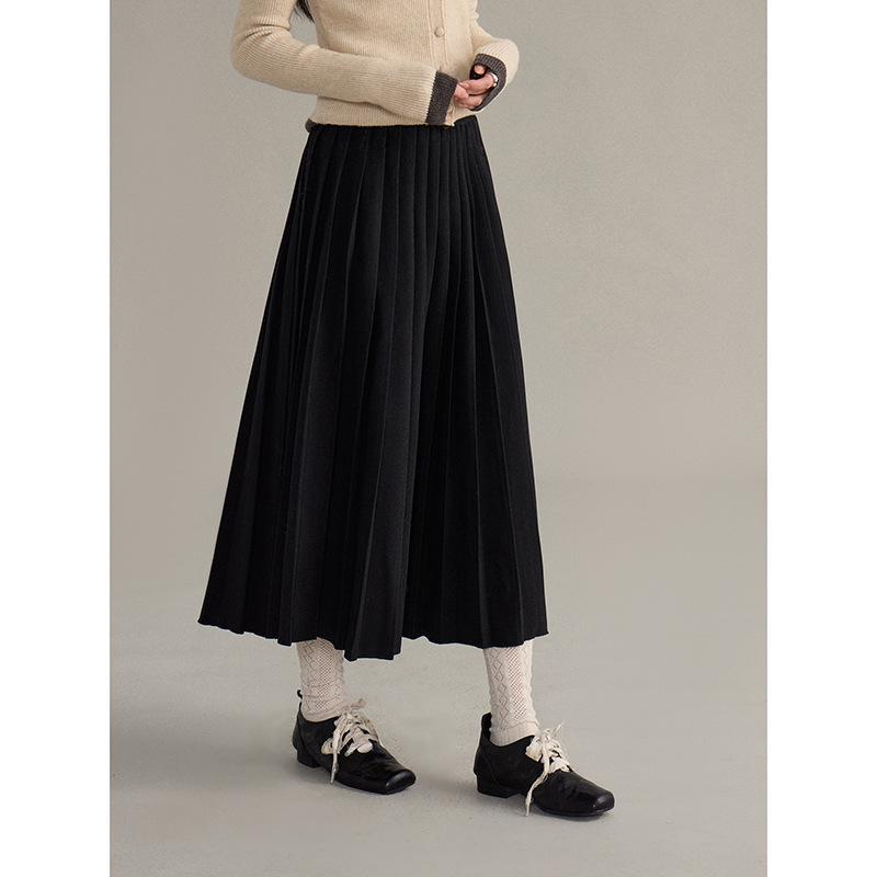 

Ge Ming Retro High-Waisted Wool Pleated A-line Midi Skirt for Women - Winter Commute Style L (115-135) чорний