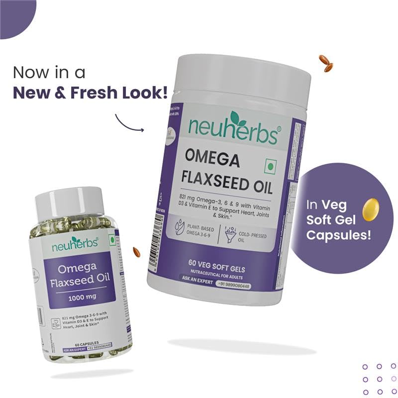 Neuherbs Flaxseed Oil Omega 3 6 9 Capsules 1000mg For Men & Women | Cold Pressed Flaxseed Oil Veg Omega-3 Supplement With Vitamin D3 & E | Suppor