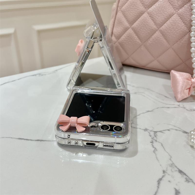 For Samsung Galaxy Z Flip 5 4 3 Z Flip5 ZFlip 5 ZFlip5 Case 3D Pink Bow Crossbody Chain Shockproof Cover With Bracelet