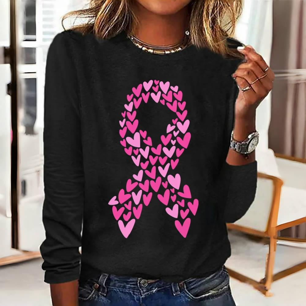 Heart Motif Pink Ribbon Print Designer Women's T-shirts Fashion Fall Cotton Long Sleeves T shirt Casual O-neck Women Clothing