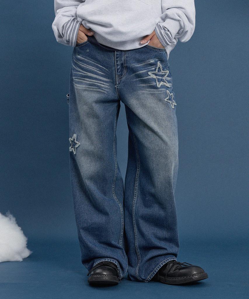 WAIKEI Star Applique Embroidery Denim Pants Medium Blue
