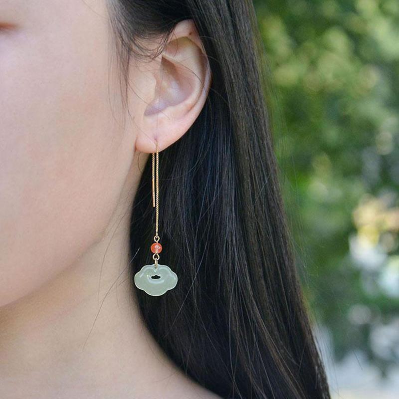 New Design  Inlaid Natural Hetian Jasper Long Earrings Classical Charm Palace Style Ladies Jewelry Wedding Accessories