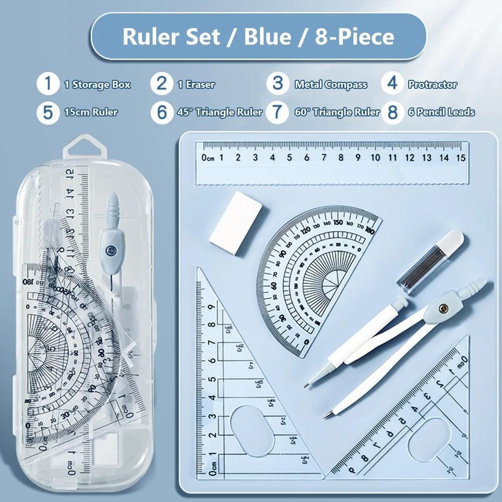Portable 8PCS/Set Plastic Ruler Compasses Set Transparent Eraser Protractor Set Square Straight Ruler Measuring Ruler Students