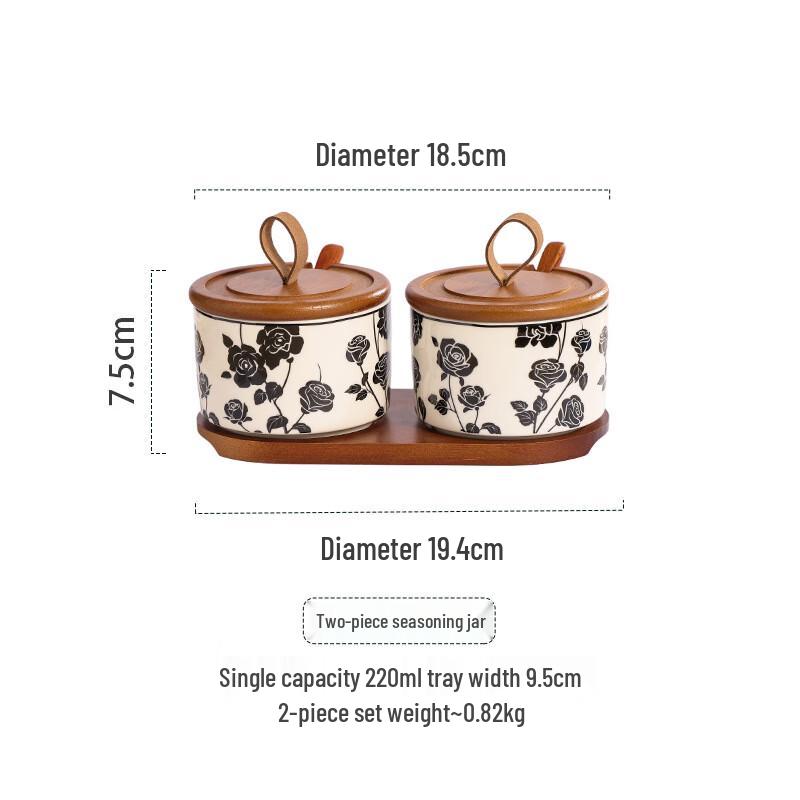 AQ Black Rose Ceramic Seasoning Jar Set 2 Jars with Wooden Spoons & Tray