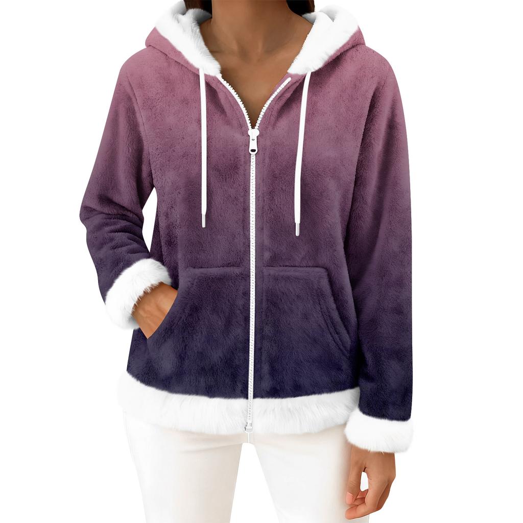 Kvinners avslappede mote langermet fleece hettejakke med glidelås