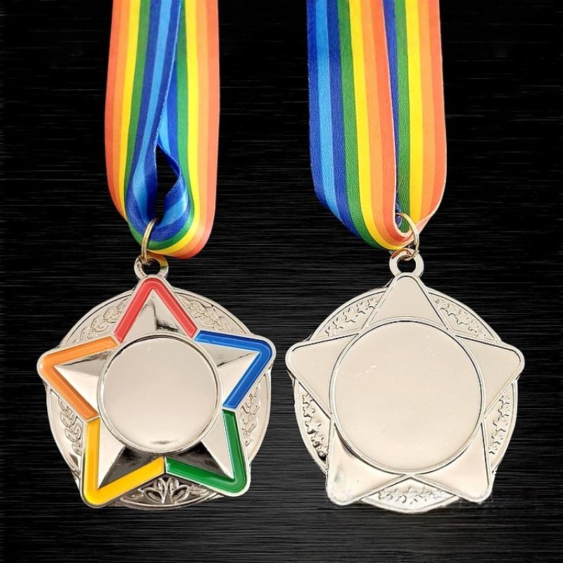 1 st Flerfärgad Femstjärnig Medalj Med Färgat Band Guld Silver Koppar Färg Medalj För Olika Tävlingar Souvenir Tomma Medaljer