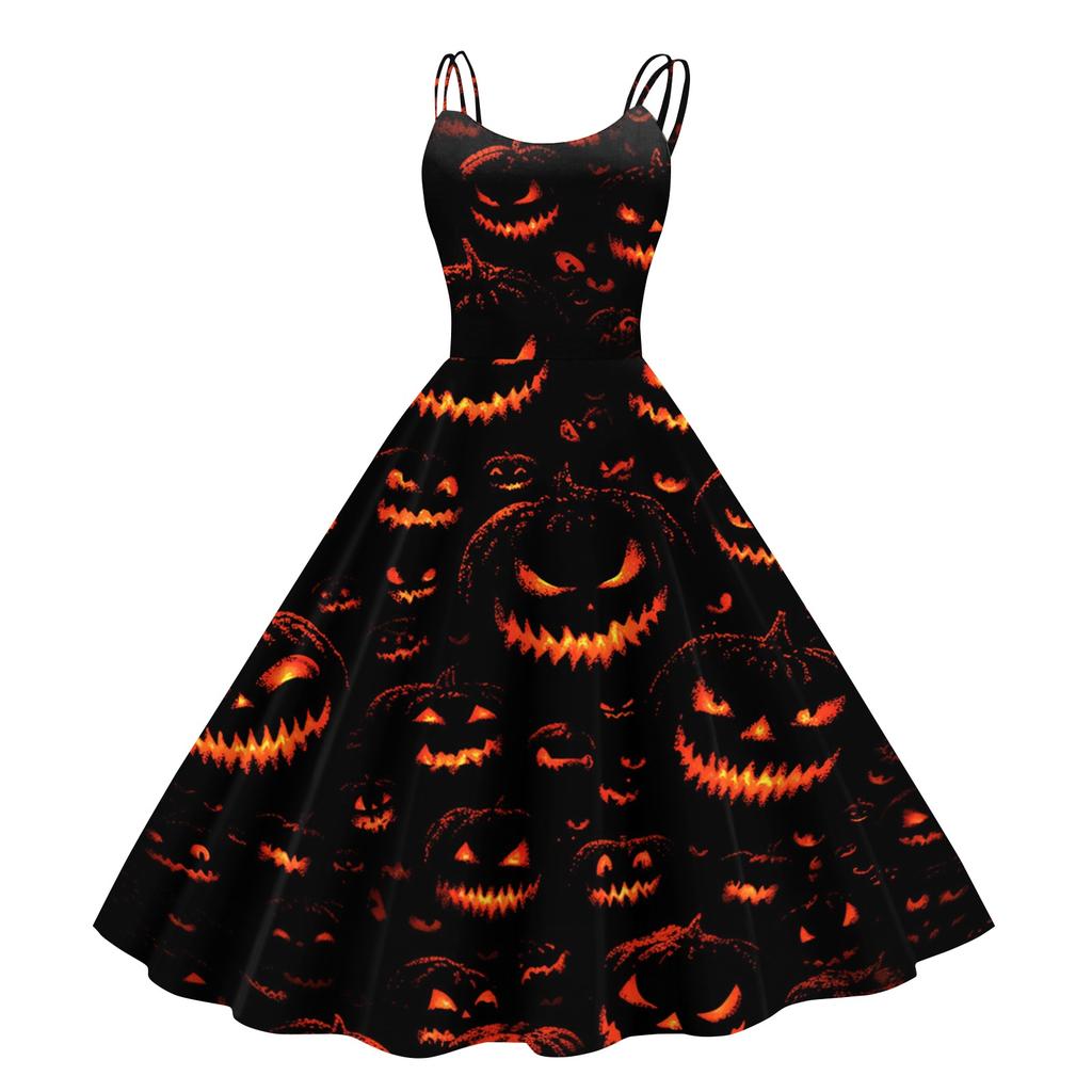 Women Halloween Print Off Shoulder Punk Vintage Dress Sleeveless Spaghetti Strap Fit and Flare Midi Dress for Party