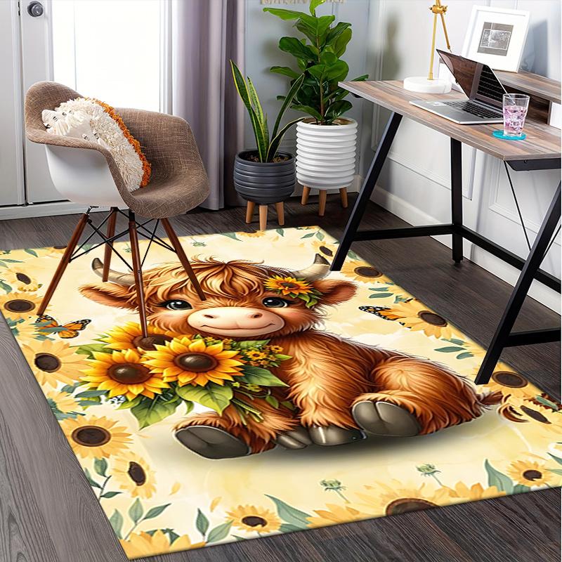 Highland Bull Theme Chair Mat: Cute Cow with Sunflowers Office Carpet Large Size, Home Decor, Sofa Rug, Gift for Office and Living Room