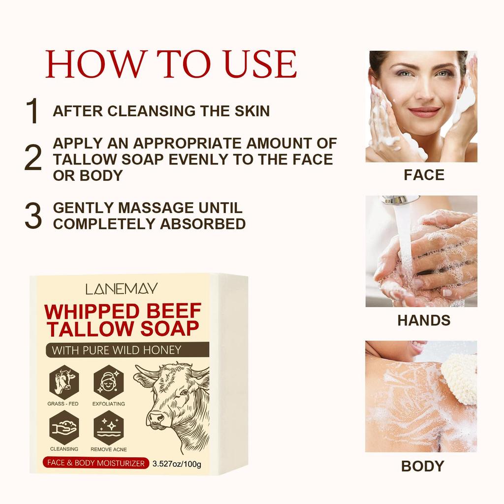 Savon Fouetté au Suif de Boeuf-Nettoyage Profond, Hydrate la Peau- Raffermissant & Liftant-Convient à Tous les Types de Peau,100g