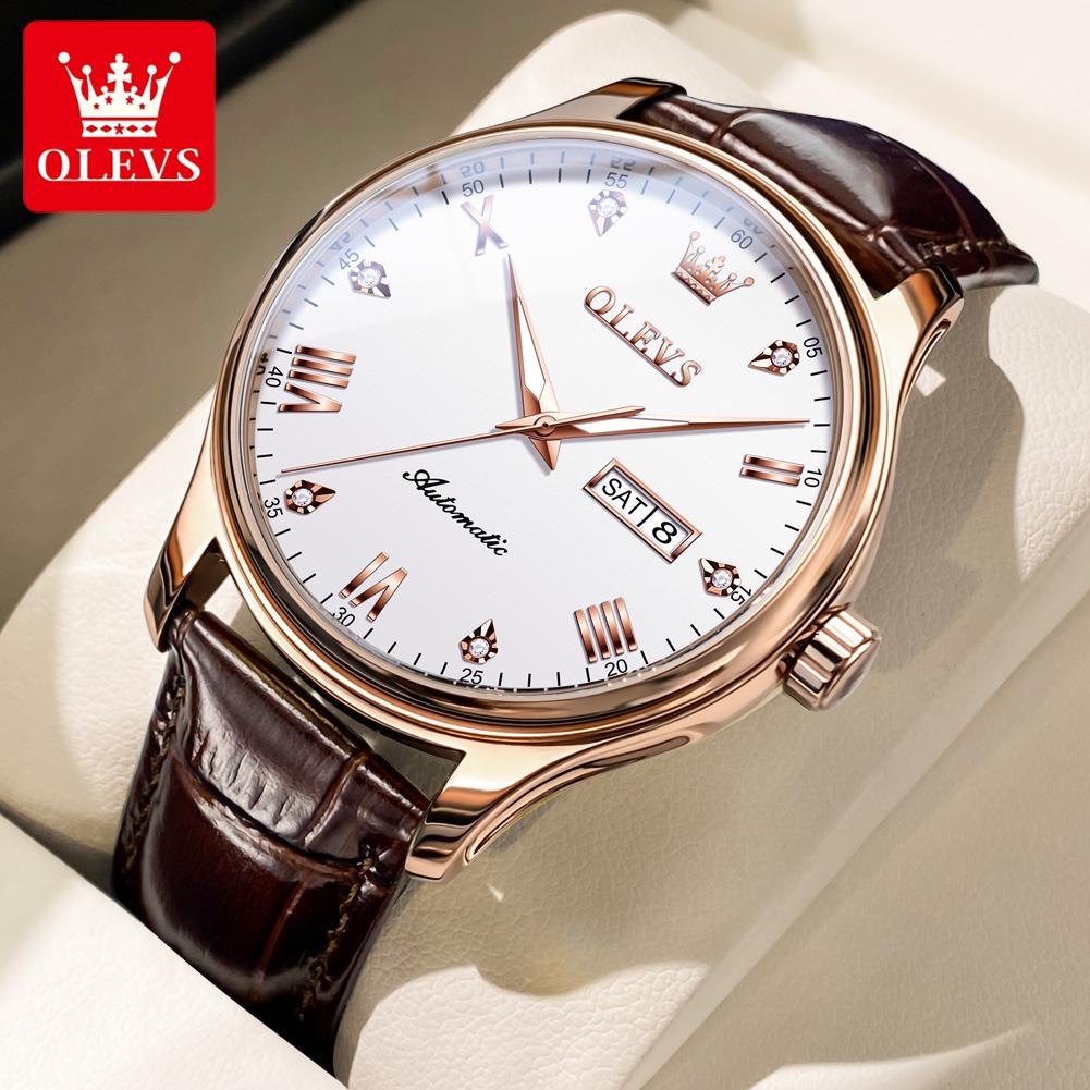 OLEVS Men's Watches Casual Trend Leather Strap Original Self-winding Mechanical Wristwatch for Man Waterproof Luminous Date Week
