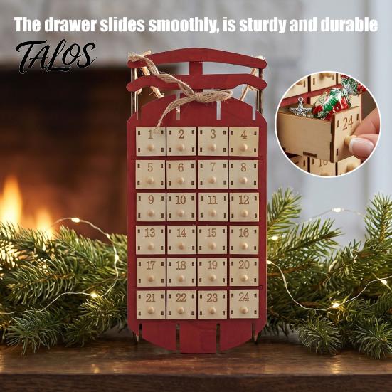 Holiday Trinket Organizer Wooden Sleigh Advent Calendar, 24-Day Countdown Box with Drawers, Christmas Atmosphere Decor Tree Hanging Decor, Surprise