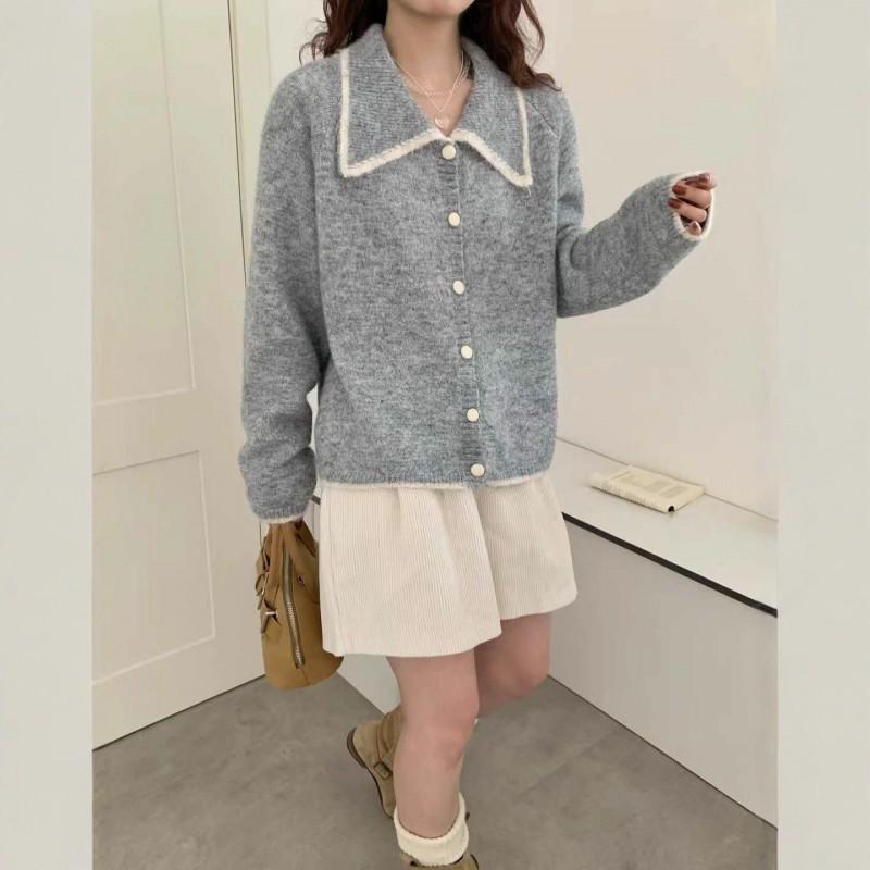 Womens Oversized Knit Cardigan With Contrast Collar Sweet Loose Fit Acrylic Sweater Jacket