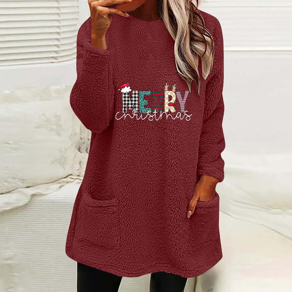 Women's Christmas Print Round Neck Loose Long Sleeve Pocket Plush Hoodie