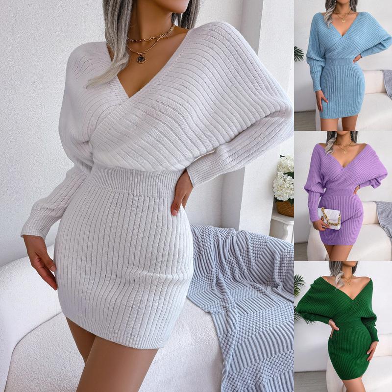 Fashion Long Sleeve Green Sweater Dress Women Casual Cross V-neck Knitted Dress Woman Autumn Winter Sexy Dresses 23849