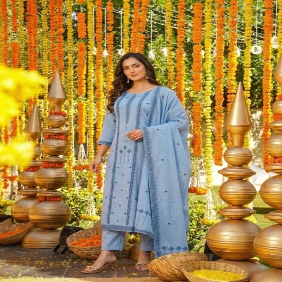 Serene Powder Blue: Geometric Embroidered Cotton Kurta Set with Matching Dupatta