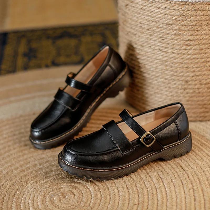 Genuine Leather Girls Leather Shoes Women s Thick Sole Loafers College Style Shallow Mouth Buckle Strap JK Uniform Single Shoes 34