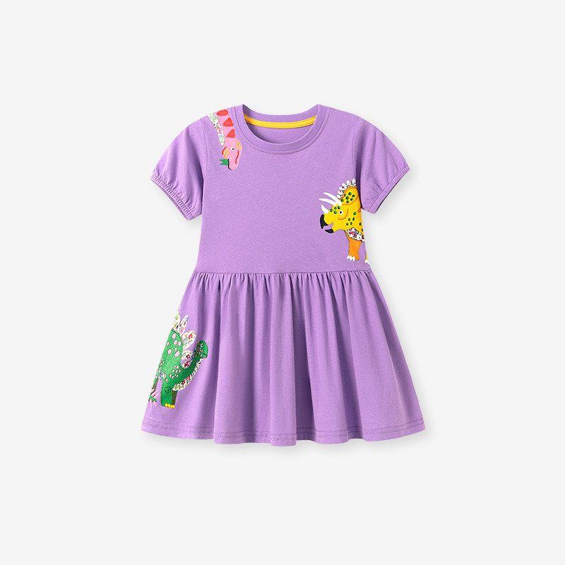 New Foreign Trade Style Children's Clothing, Girls' Cartoon Cat Print Dress, Summer Short-Sleeved Waist-Cinching Pink Princess Dress