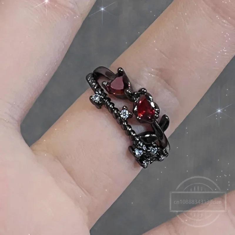 Vintage Irregular Red Crystal Glass Heart Ring Spider Animal Gothic Y2K Creative Jewelry for Women