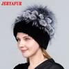 JERYAFUR High Quality Mink Fur Hat for Women Natural Mink Fur Hats with Luxury Big Pompom Fox Fur Ball Beanies Winter Women's Cap LadyHat