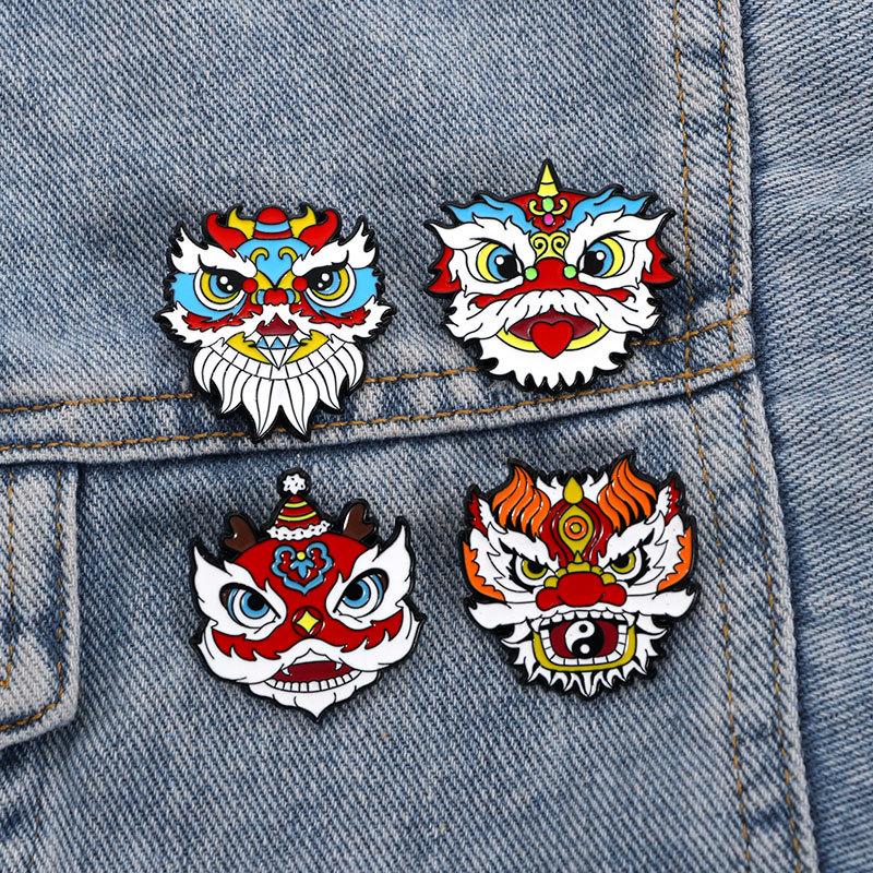Chinese Style Cartoon Lion Dance Head Enamel Brooch Alloy National Trend Badge Pin New Year Spring Festival Clothing Decoration Accessory