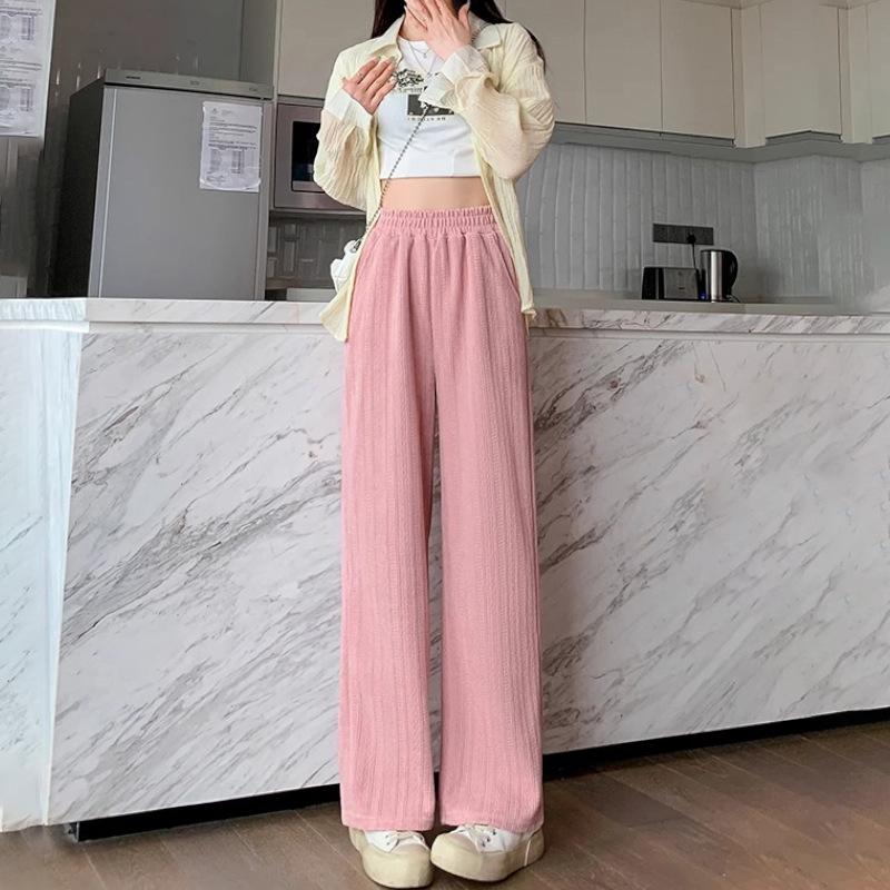 Women's White High Waist Wide-Leg Pants - Spring/Fall/Winter Slimming Knit with Wheat Ear Design.