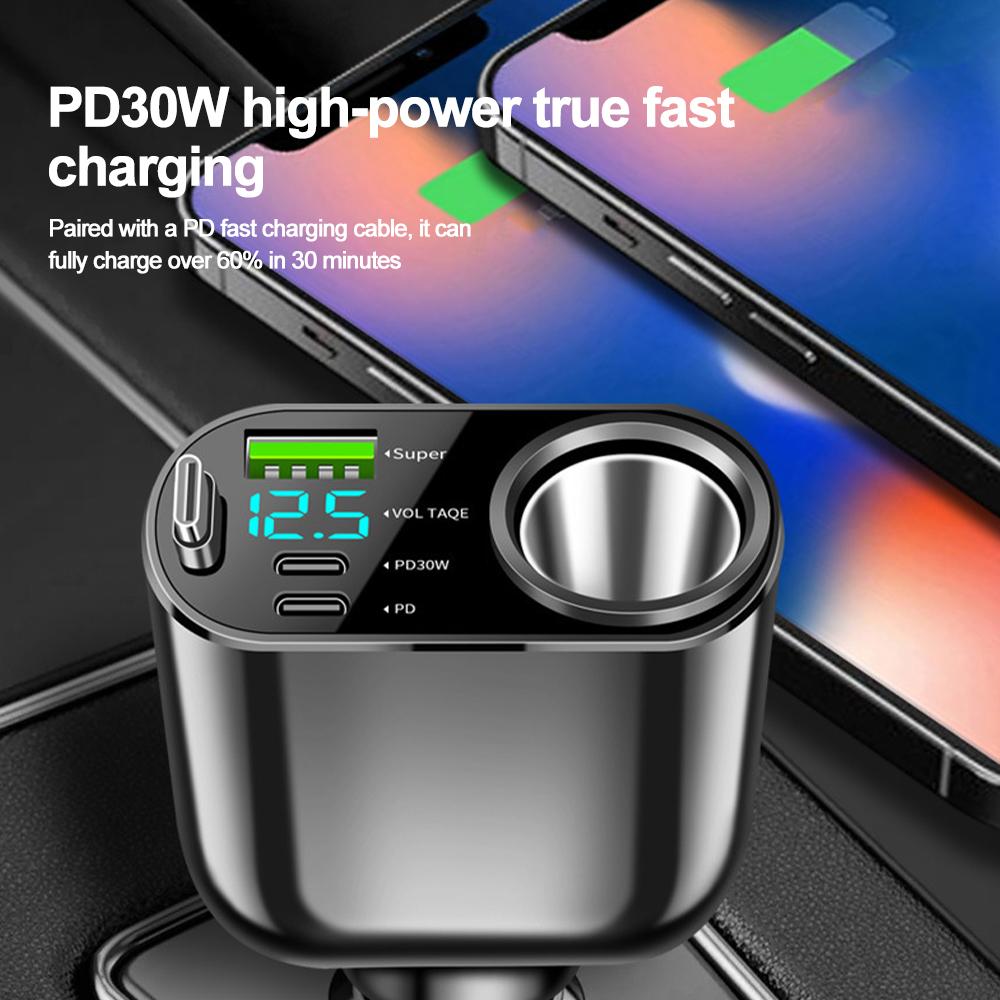 Car Charger USB PD QC3.0 66W Fast Charge Telescopic Cable 5in1 Cigarette Lighter Socket Splitter with LED Display Car Charging