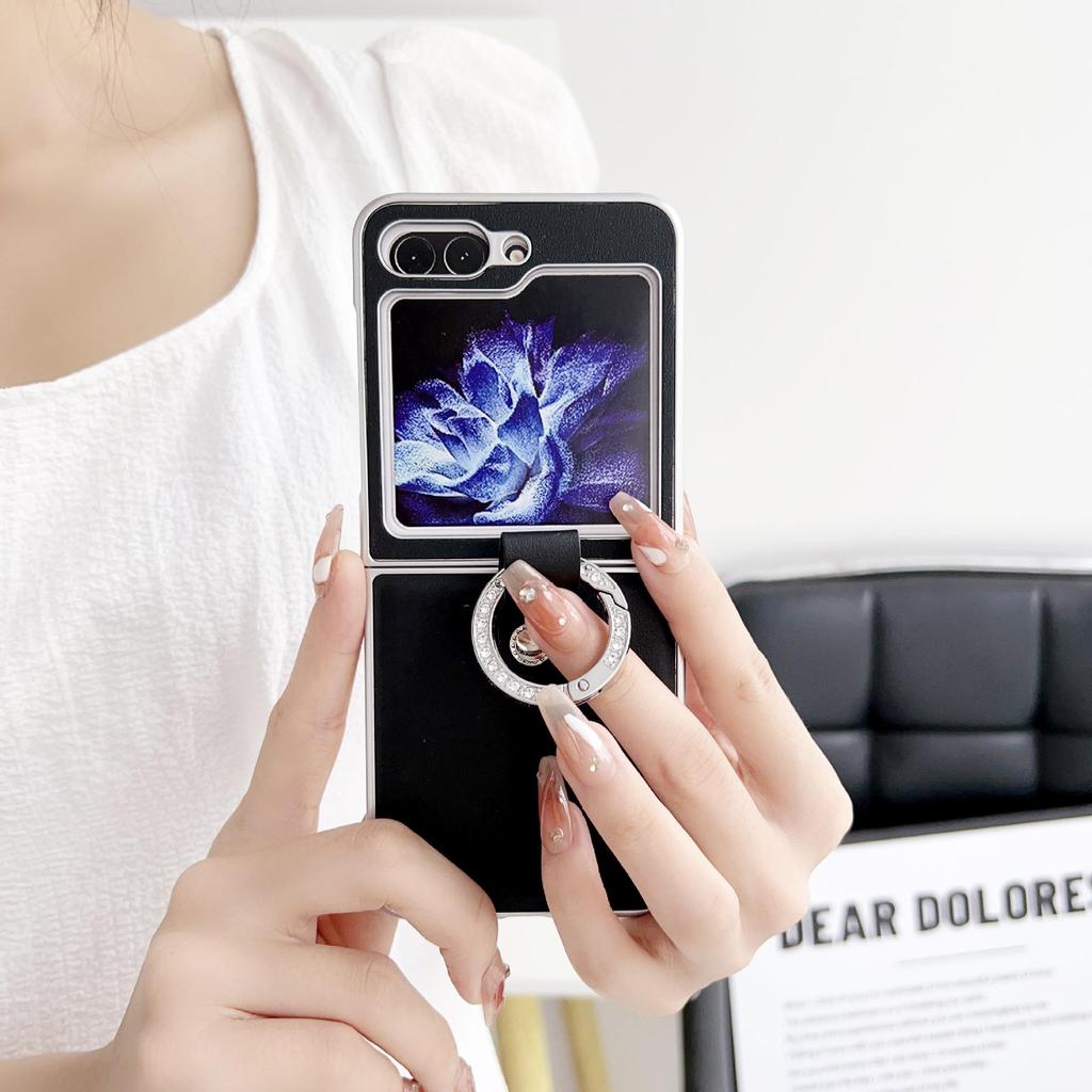 Samsung Z Flip 7 Metalllack Morandi Lederstruktur Ring Schutzhülle
