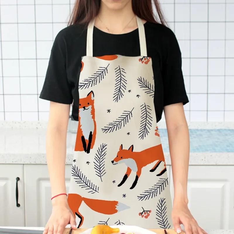 1Pcs Cute Fox Cat Pattern Apron, Waterproof Oil-proof Cotton Linen for Women Men Kids Kitchen